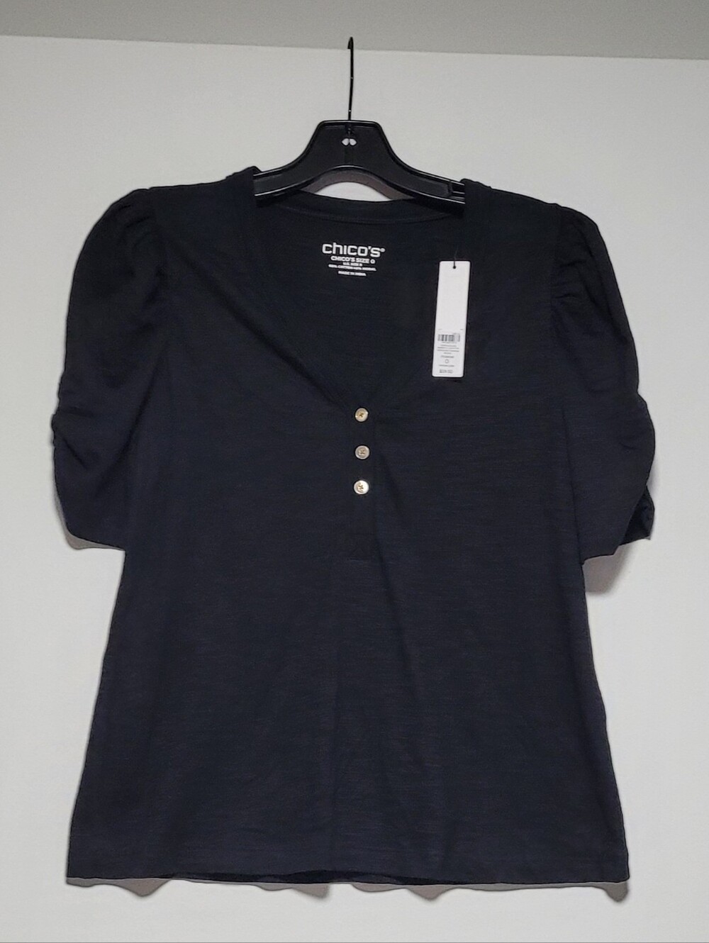 Chico's Black Slub Split Neck Henley Tee